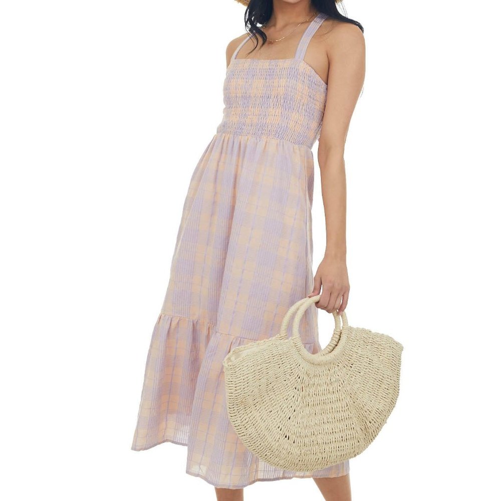 Lavender And Peach Gingham Open Back Dress